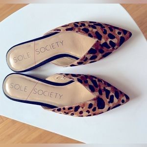 Sole Society Rosemond Tan Multi Leopard Print Cow Fur Pointed Toe Mules
